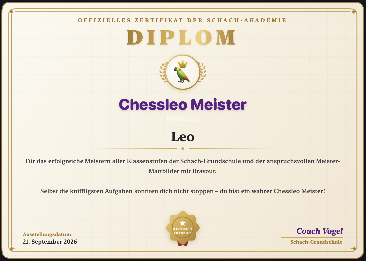 Offizielles ChessLeo Meister Diplom zum Ausdrucken
